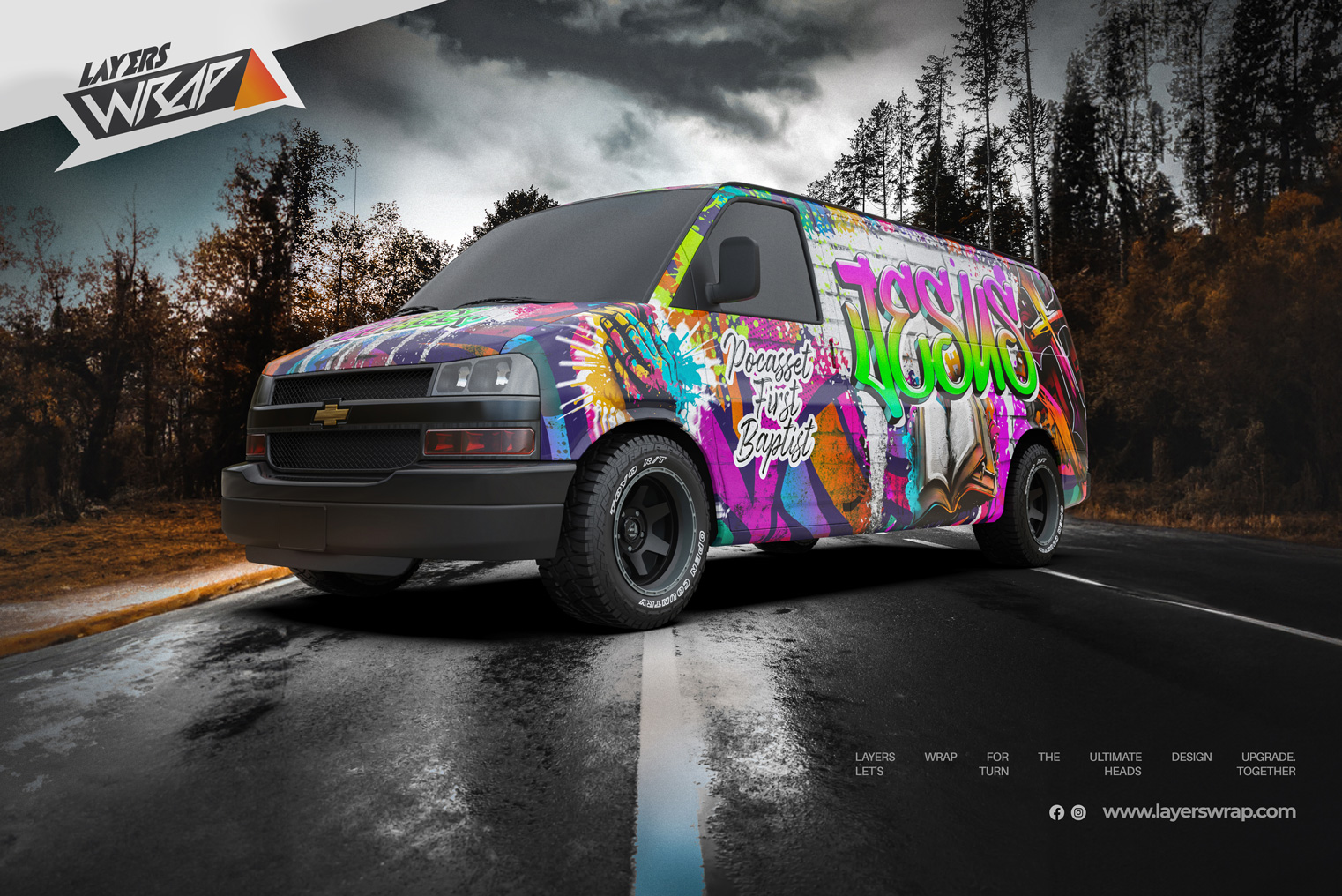 Colorful Graffiti-Style Wrap Design for Pocasset First Baptist Church Chevrolet Express Van | Layers Wrap