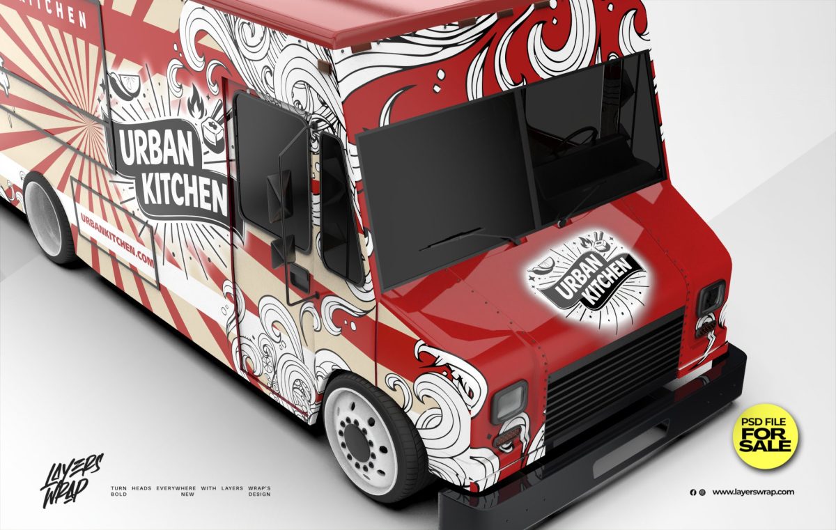 Food Truck Wrap Design – Urban Kitchen Vintage Burst Branding Wrap (PSD FILE DOWNLOAD)