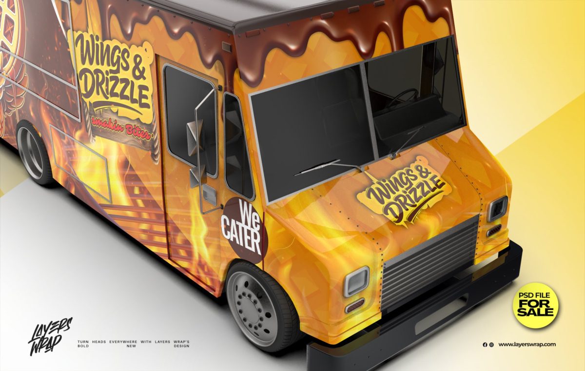 Chevrolet Food Truck – Wings & Drizzle Flame Feast Branding Wrap (PSD FILE DOWNLOAD)